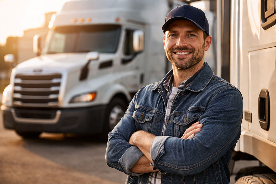 Happy customer standing in front of a truck sharing their experience