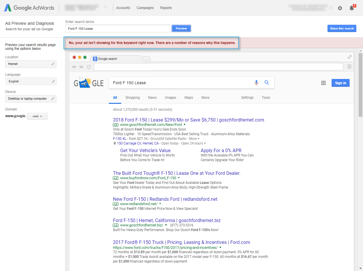 Ad Preview Tool Diagnostics