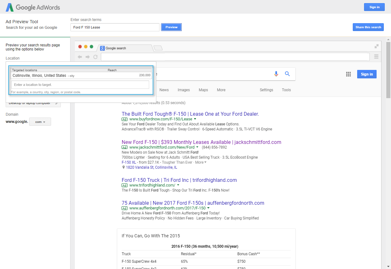 Ad Preview Tool Location Select