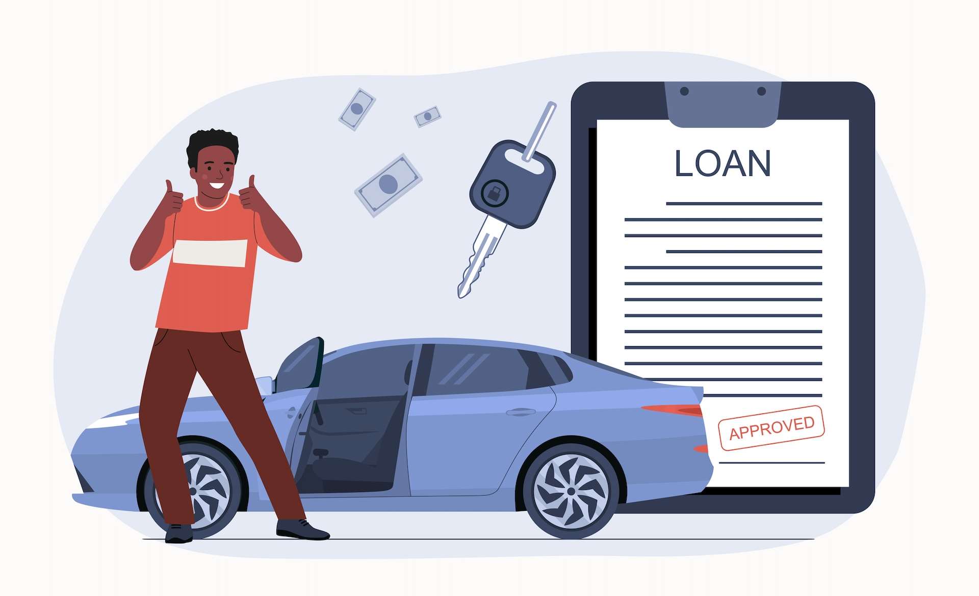 A man rejoices at the approval of a car loan with bad credit. Vector illustration.